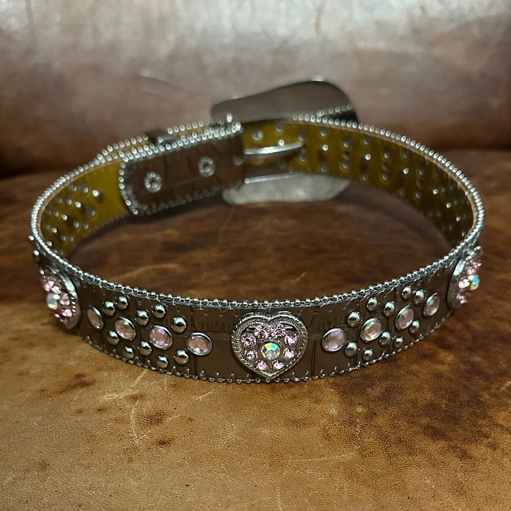 Nocona Girls 20” Brown Leather Belt with Rhinestone Hearts & Embellished Buckle